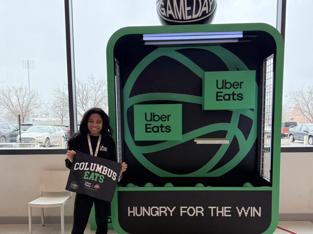 ubereats1 Campus brand ambassador activation for Uber Eats at an Ohio State basketball game, featuring on-site student engagement