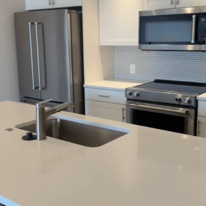 Library Park Columbus Ohio apartment modern white kitchen with stainless steel appliances