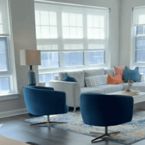 The Reach on Goodale Columbus Ohio apartment bright living room with blue accent chairs