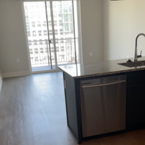 Xander on State Columbus Ohio apartment kitchen with hardwood floors and open layout